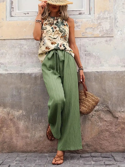 Front view of Printed Tank Top and Wide Leg Pants Set in Sage