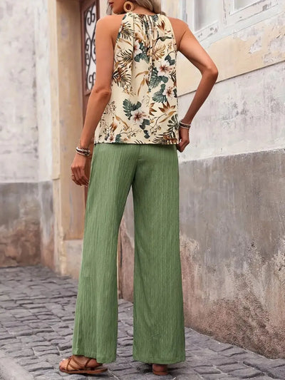 Side view showcasing the fit of Printed Tank Top and Wide Leg Pants Set in Sage