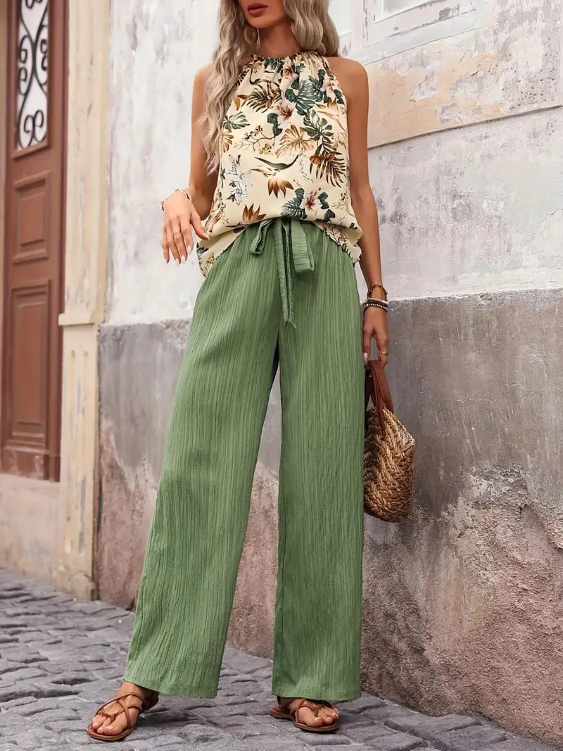 Back view highlighting the design of Printed Tank Top and Wide Leg Pants Set in Sage