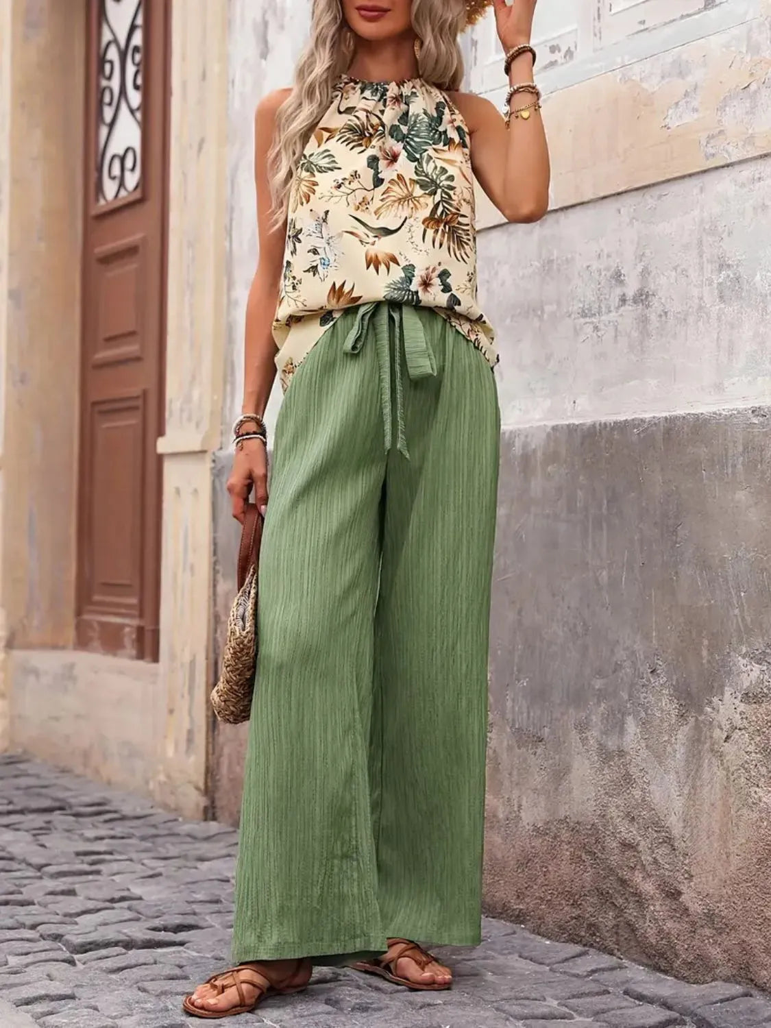 Close-up of tank top and wide leg pants in Sage