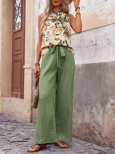 Close-up of tank top and wide leg pants in Sage