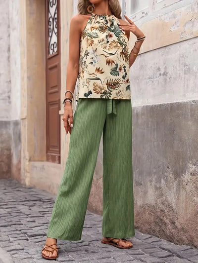 Model wearing Printed Tank Top and Wide Leg Pants Set in Sage