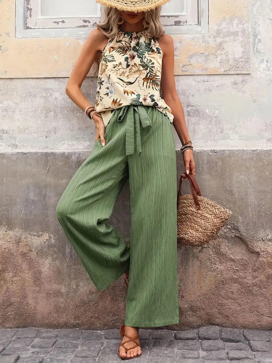 Flat lay of Printed Tank Top and Wide Leg Pants Set in Sage
