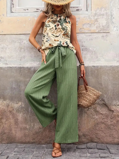 Flat lay of Printed Tank Top and Wide Leg Pants Set in Sage