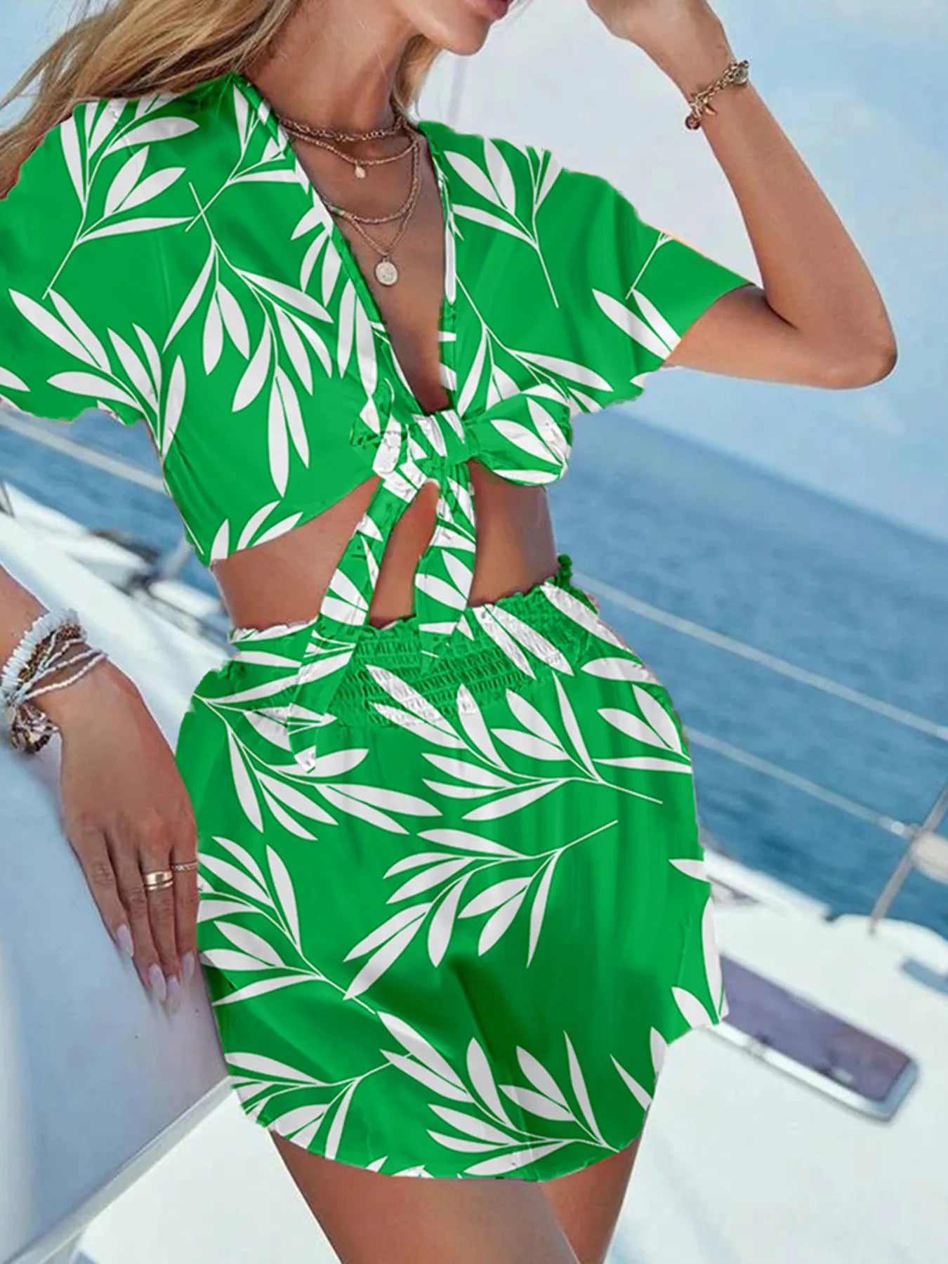 Close-up of tie front detail on Green Printed Tie Front Top and Shorts Set