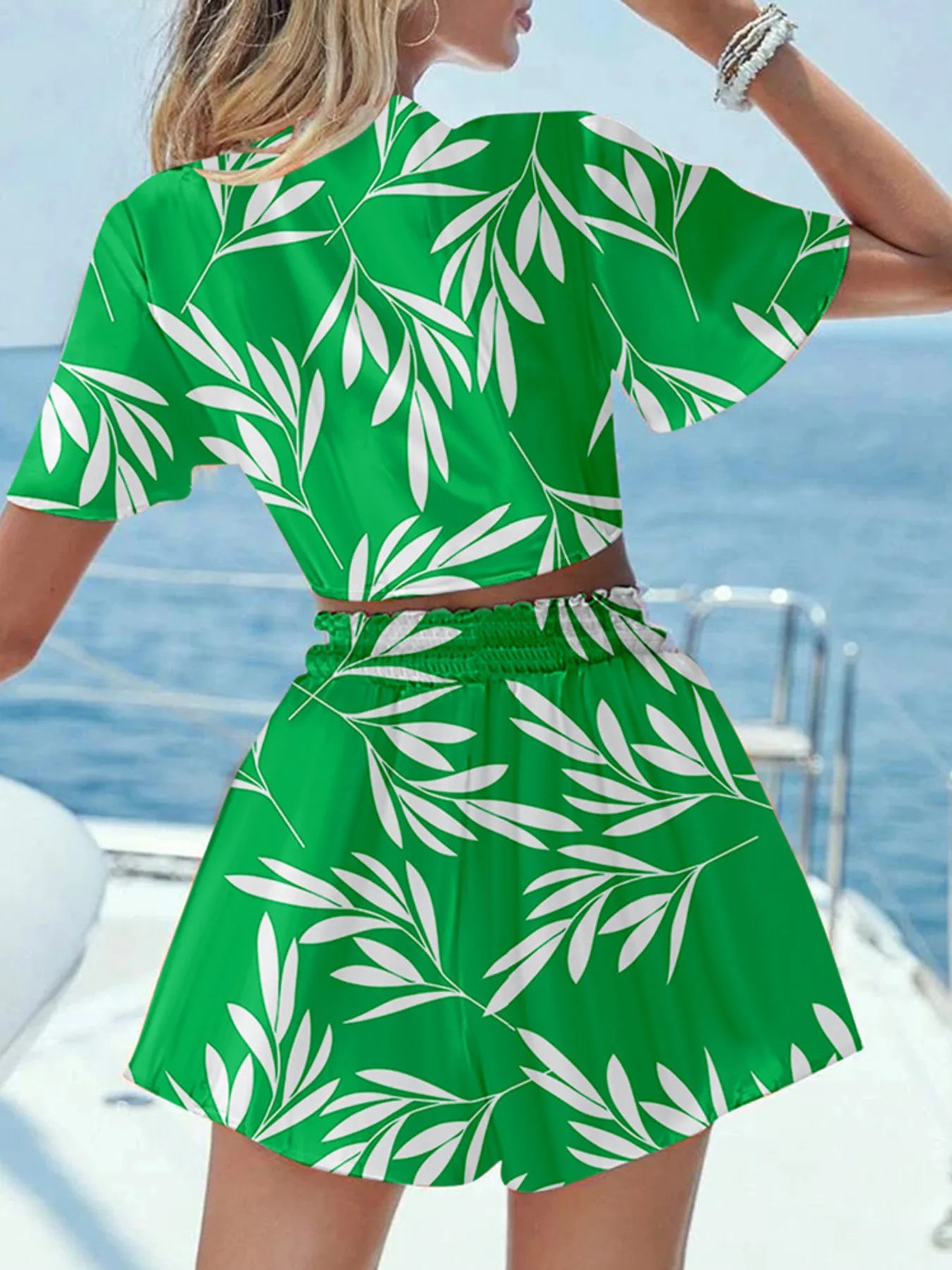 Model wearing Printed Tie Front Top and Shorts Set in Green