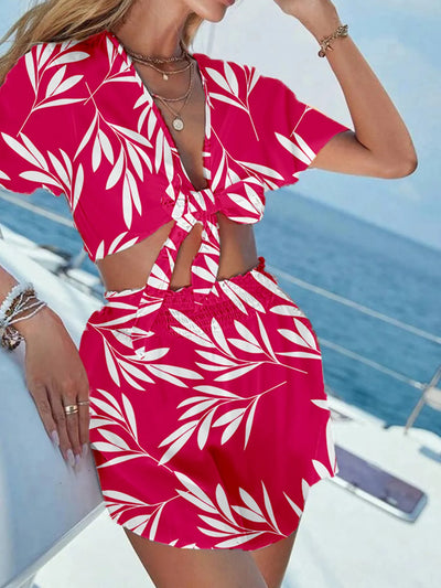 Close-up of tie front detail on Hot Pink Printed Tie Front Top and Shorts Set