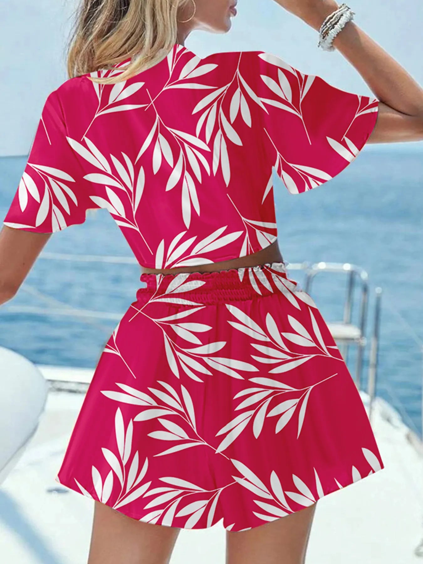 Model wearing Printed Tie Front Top and Shorts Set in Hot Pink