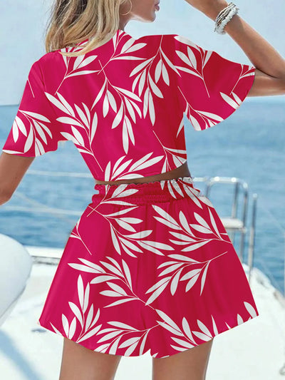 Model wearing Printed Tie Front Top and Shorts Set in Hot Pink