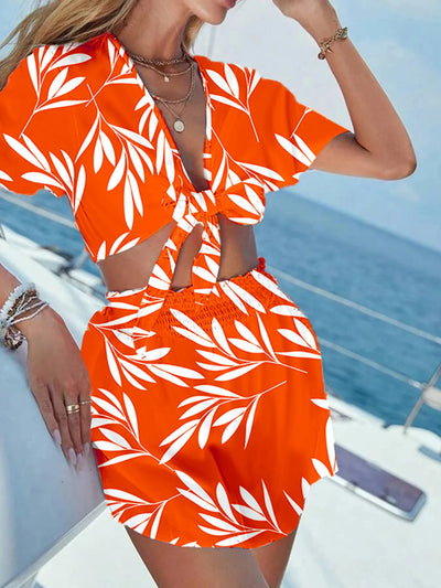 Model wearing Printed Tie Front Top and Shorts Set in Orange