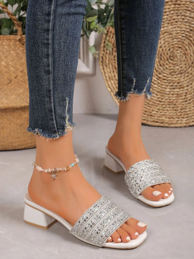 Side view of Rhinestone Open Toe Block Heel Sandals in Silver