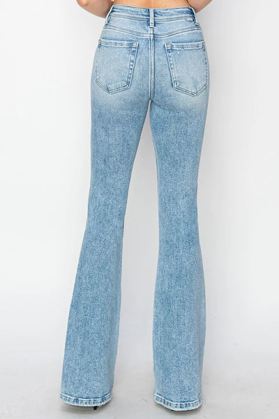 Close-up of the bootcut hem of Risen High Rise Bootcut Jeans, showcasing the stylish flare and sleek finish.