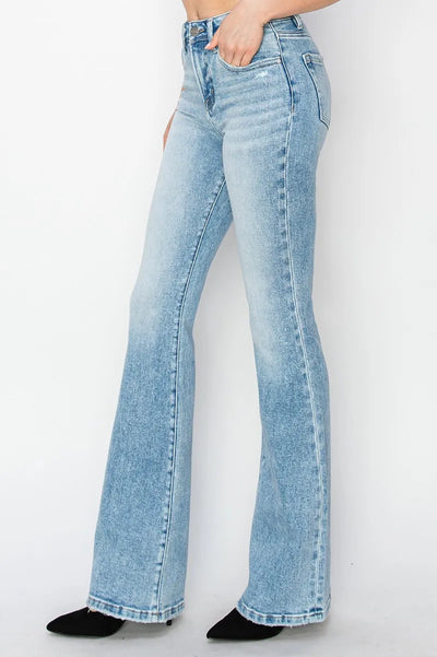 Close-up of the waistband of Risen High Rise Bootcut Jeans, emphasizing the high-rise cut and flattering fit.