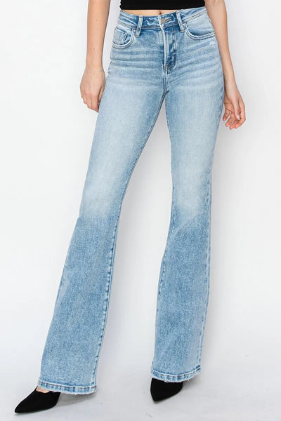 Front view of Risen High Rise Bootcut Jeans, featuring a high-rise fit and bootcut leg design for a flattering silhouette.