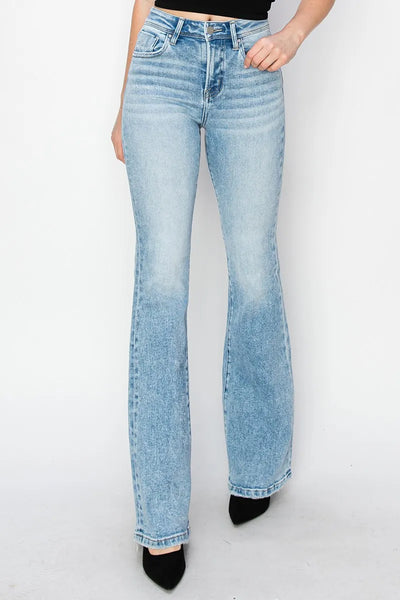 Side view of Risen High Rise Bootcut Jeans, highlighting the bootcut flare and comfortable high-waisted fit.