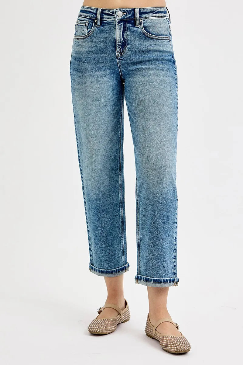 Back view of Risen High Rise Crop Boyfriend Jeans, showing the flattering high-rise waistband and relaxed fit