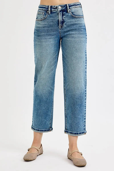 Front view of Risen High Rise Crop Boyfriend Jeans, showcasing a high-rise waist and relaxed boyfriend fit.