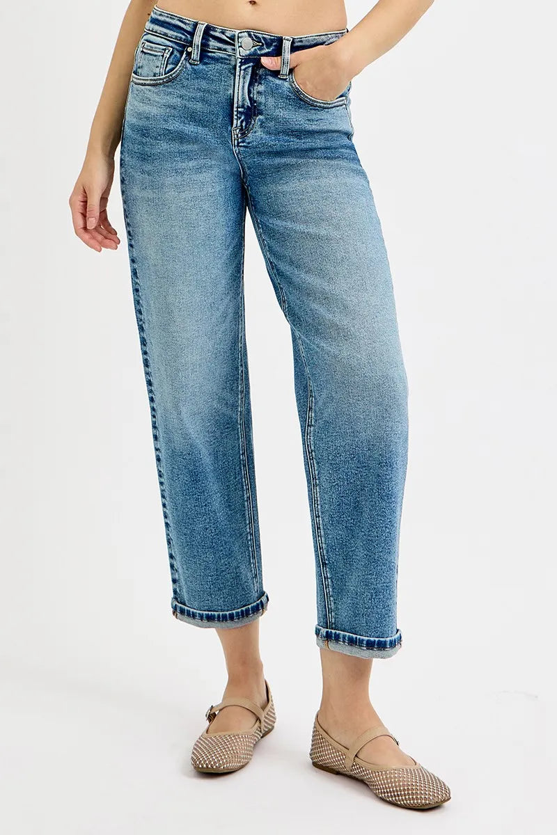 Side view of Risen High Rise Crop Boyfriend Jeans, highlighting the cropped length and comfortable fit."