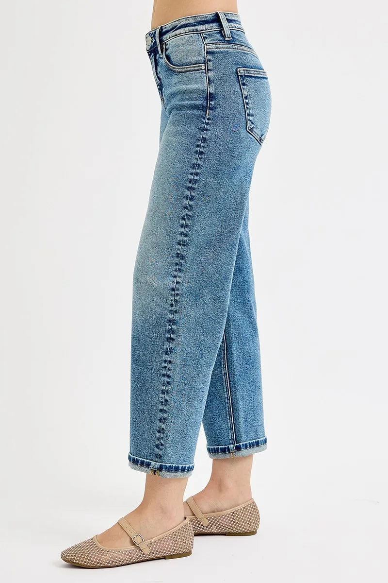 Close-up of the waistband on Risen High Rise Crop Boyfriend Jeans, emphasizing the high-rise and tailored fit.