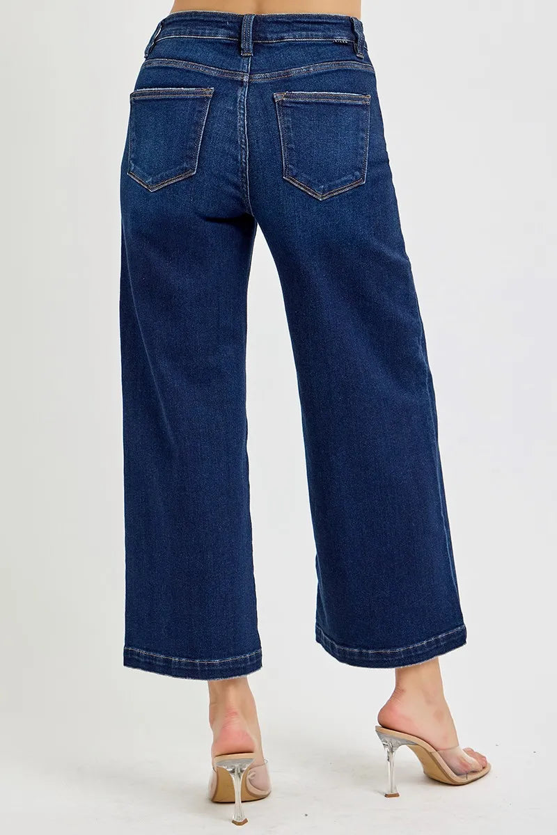 Close-up of the cropped hem on Risen High Rise Crop Wide Jeans, emphasizing the trendy and clean-cut finish.