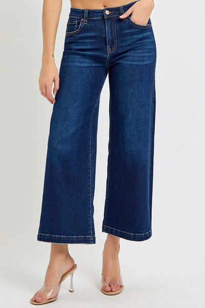 Front view of Risen High Rise Crop Wide Jeans, featuring a high-rise fit and cropped wide-leg design
