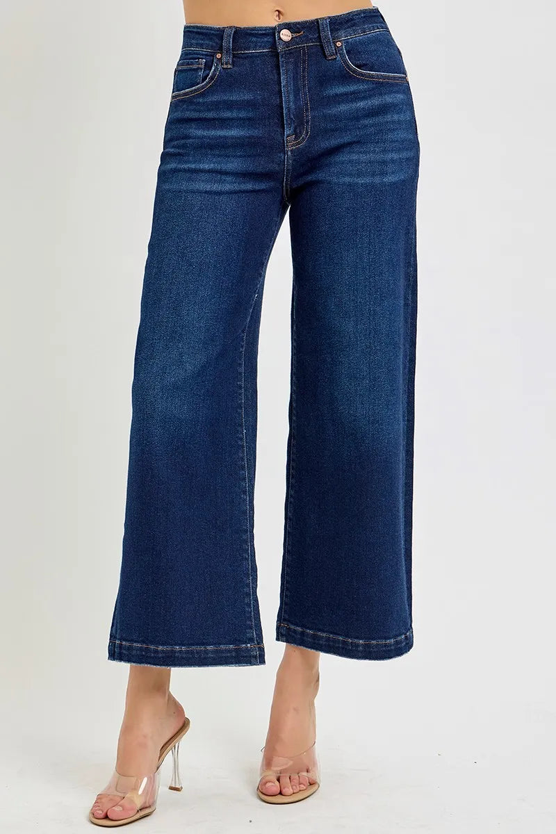 Side view of Risen High Rise Crop Wide Jeans, highlighting the flattering high-waisted fit and wide-leg silhouette.