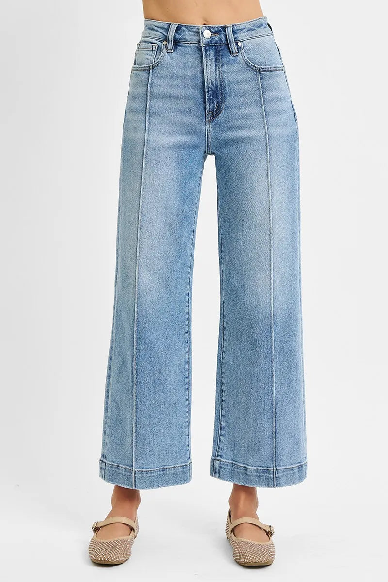 Back view of Risen High Rise Crop Wide Leg Jeans, highlighting the clean waistband and structured fit.