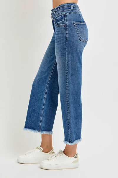 Close-up of the wide band waistband on Risen High Rise Crop Wide Leg Jeans, highlighting the stylish and secure design.
