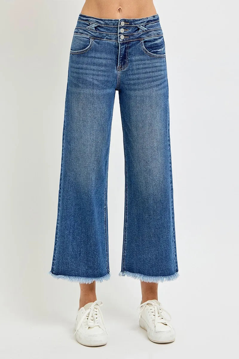 Front view of Risen High Rise Crop Wide Leg Jeans with Wide Band Detail, showcasing a high-rise fit and wide-leg design.