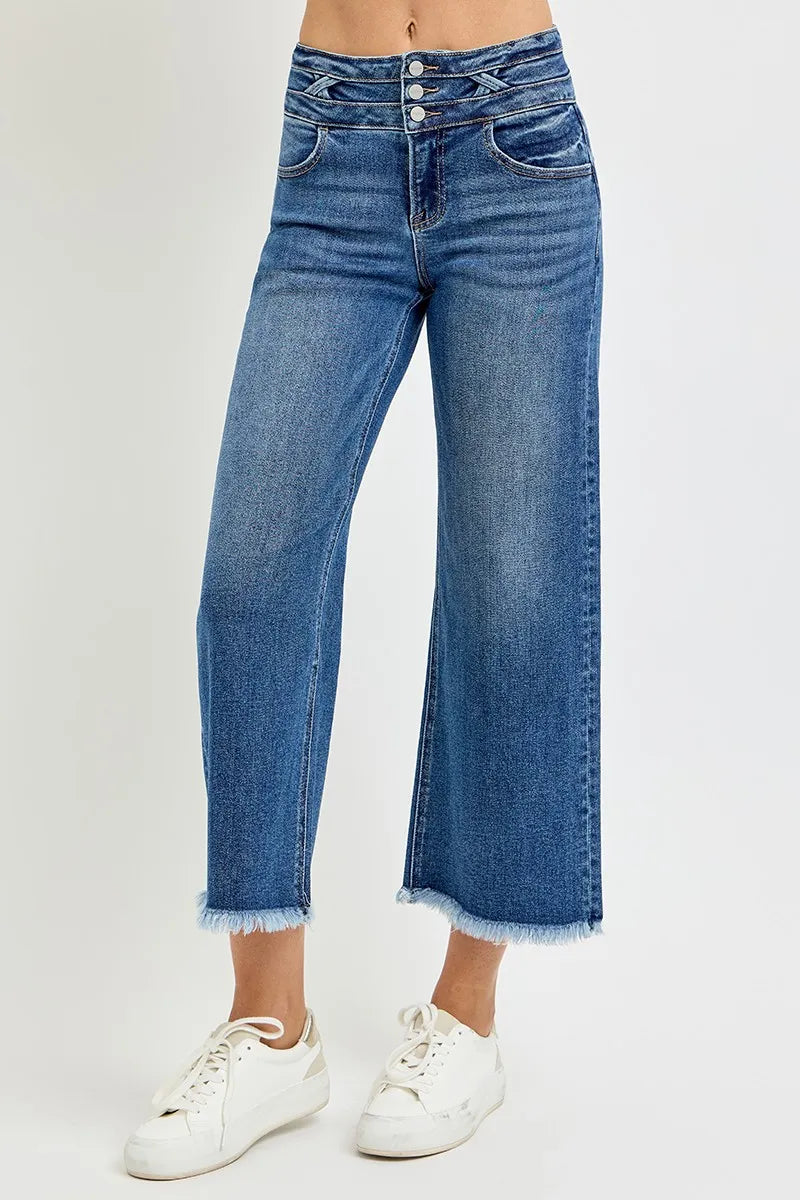 Side view of Risen High Rise Crop Wide Leg Jeans, highlighting the wide band waist and relaxed fit.