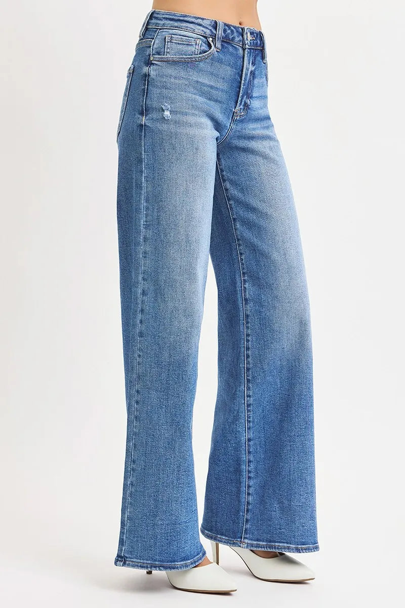 Close-up of the waistband of Risen Full Size High Rise Wide Leg Jeans, showcasing the high-rise design for a smooth fit.