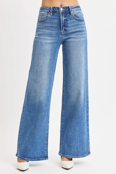 Front view of Risen Full Size High Rise Wide Leg Jeans, featuring a flattering high-rise waist and wide-leg design.