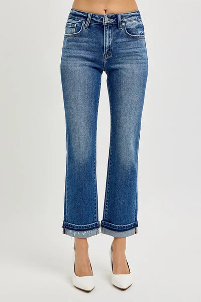 Front view of Risen Mid Rise Ankle Straight Cuffed Jeans, showcasing a sleek design with a mid-rise waist and cuffed ankle detail.