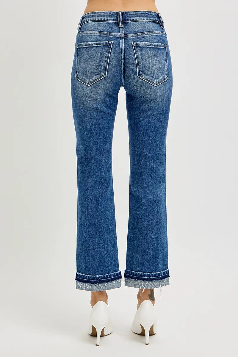 Close-up of the cuffed hem of Risen Mid Rise Ankle Straight Cuffed Jeans, highlighting the casual and trendy finish.
