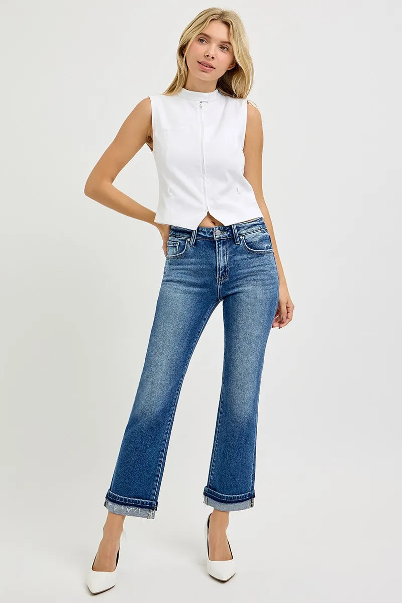 Model wearing Risen Mid Rise Ankle Straight Cuffed Jeans, showcasing the overall fit, cuffed ankles, and flattering silhouette.