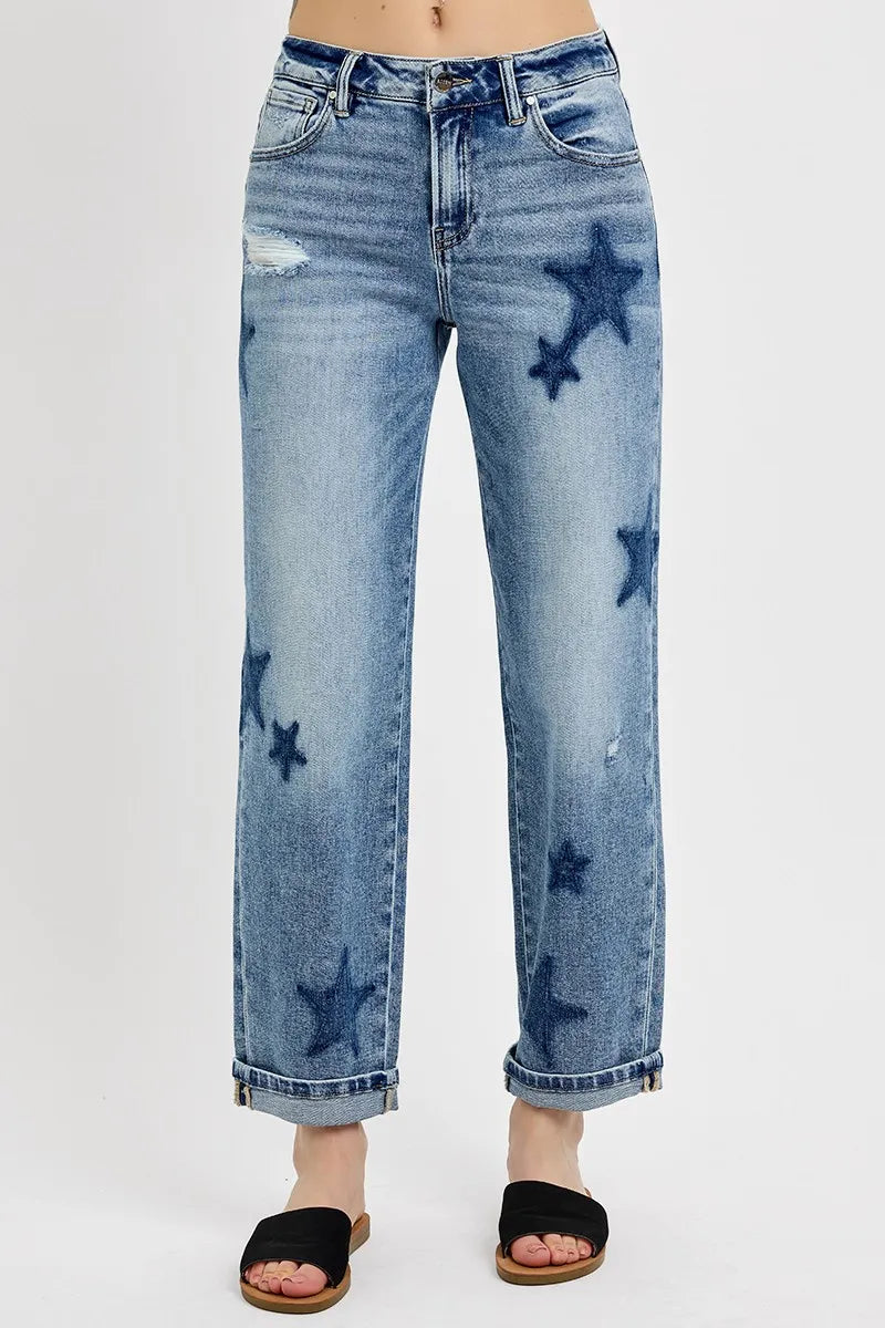 Front view of Risen Full Size Mid Rise Boyfriend Star Shadow Detail Cuffed Jeans, featuring a mid-rise fit with a star shadow detail.