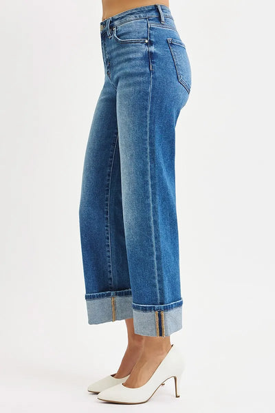 Close-up of the waistband on Risen Full Size Mid Rise Crop Straight Cuffed Jeans, emphasizing the mid-rise cut and comfortable fit.