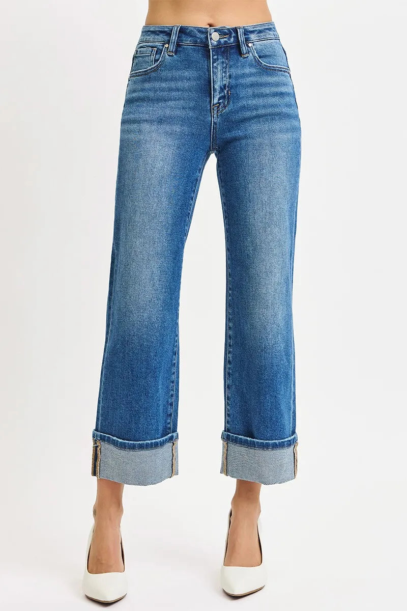 Front view of Risen Full Size Mid Rise Crop Straight Cuffed Jeans, featuring a mid-rise fit and cropped straight-leg design.