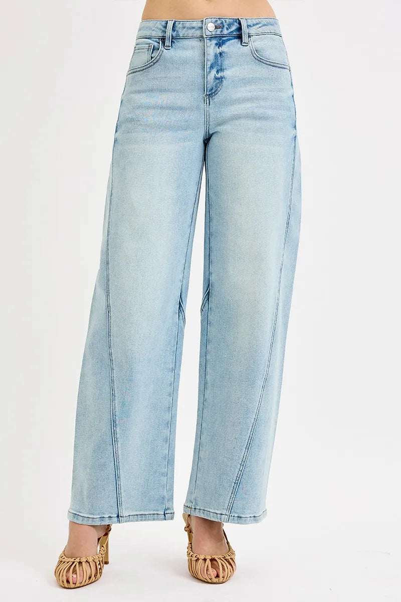 Front view of Risen Full Size Mid Rise Fit Barrel Jeans, featuring a mid-rise fit and relaxed barrel-leg design.