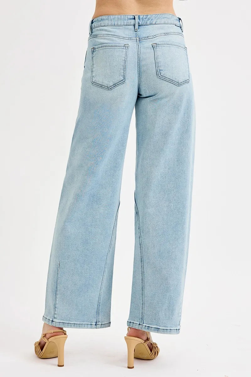 Close-up of the barrel-leg hem on Risen Full Size Mid Rise Fit Barrel Jeans, showcasing the relaxed and trendy design.