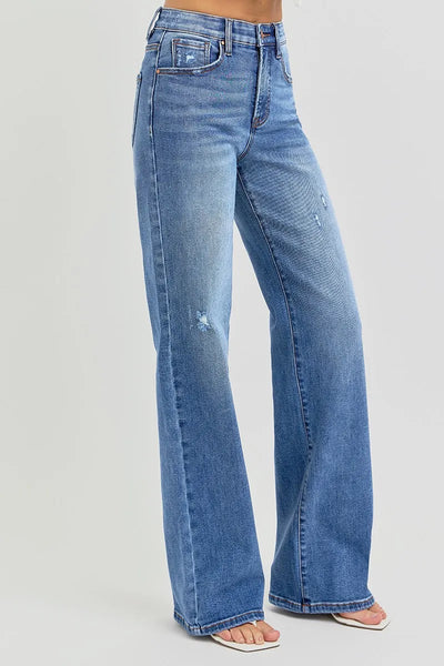 Close-up of the elastic waistband on Risen Full Size Tummy Control Elastic Band High Rise Wide Jeans, emphasizing the tummy control feature.