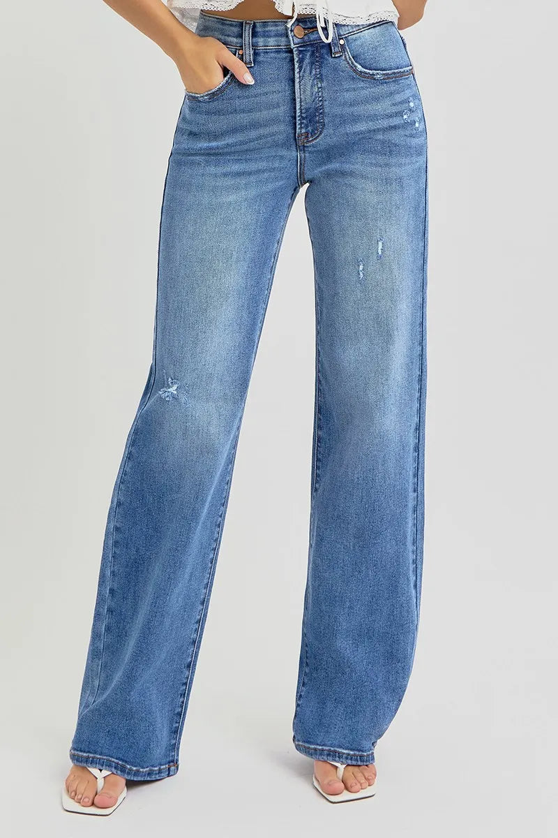 Front view of Risen Full Size Tummy Control Elastic Band High Rise Wide Jeans, featuring a high-rise waist and wide-leg design.