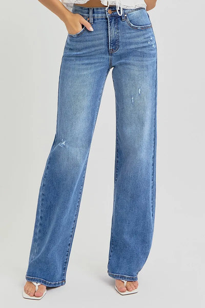 Front view of Risen Full Size Tummy Control Elastic Band High Rise Wide Jeans, featuring a high-rise waist and wide-leg design.