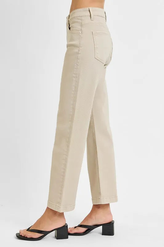 Close-up of the waistband of Risen Full Size Tummy Control Mid Rise Ankle Straight Jeans, highlighting the tummy control feature for a smooth fit.