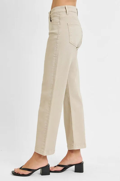 Close-up of the waistband of Risen Full Size Tummy Control Mid Rise Ankle Straight Jeans, highlighting the tummy control feature for a smooth fit.