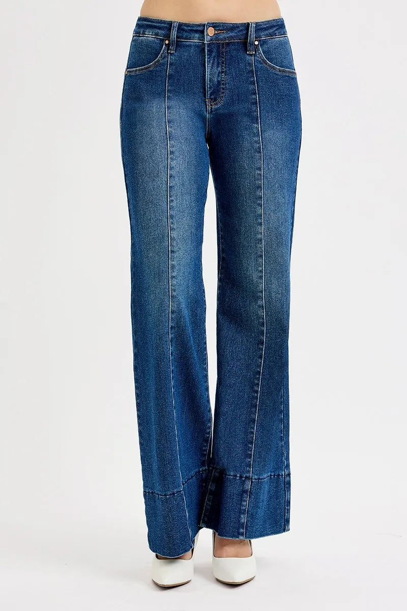 Back view of Risen Full Size Tummy Control Mid Rise Ankle Wide Flare Jeans, showcasing the waistband and overall fit.