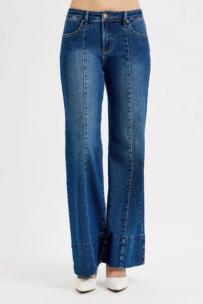 Back view of Risen Full Size Tummy Control Mid Rise Ankle Wide Flare Jeans, showcasing the waistband and overall fit.