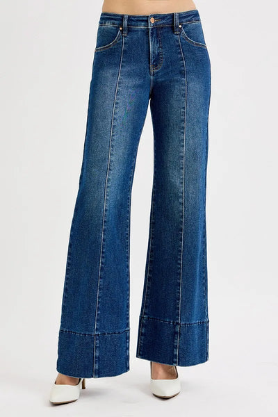 Front view of Risen Full Size Tummy Control Mid Rise Ankle Wide Flare Jeans, featuring a flattering tummy control design and wide flare leg.