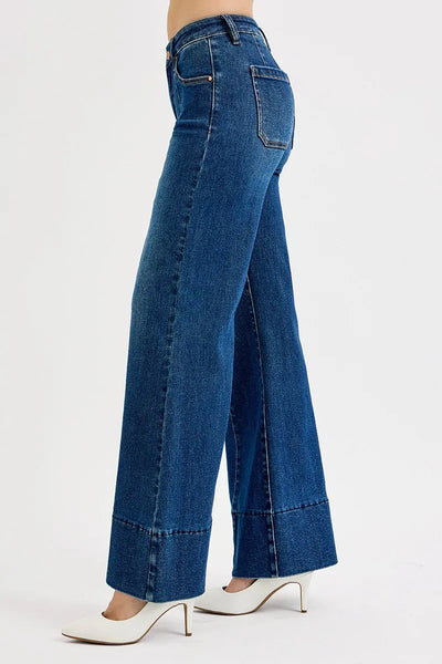 Close-up of the waistband on Risen Full Size Tummy Control Mid Rise Ankle Wide Flare Jeans, emphasizing the tummy control design.