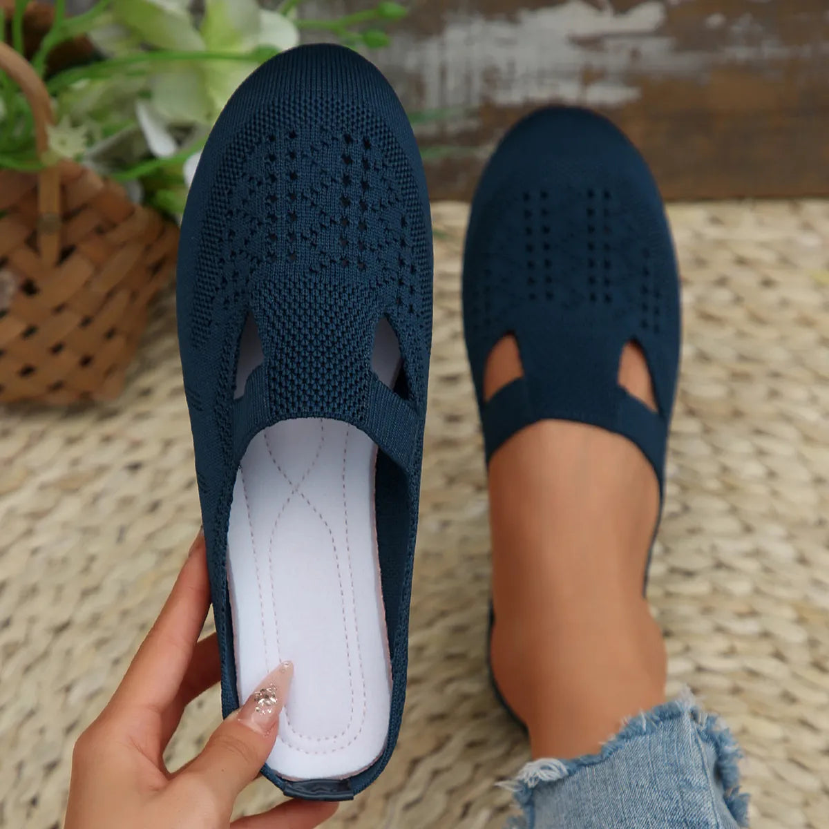 Complete look of Round Toe Flat Slip-Ons on model, showing the casual and chic style.